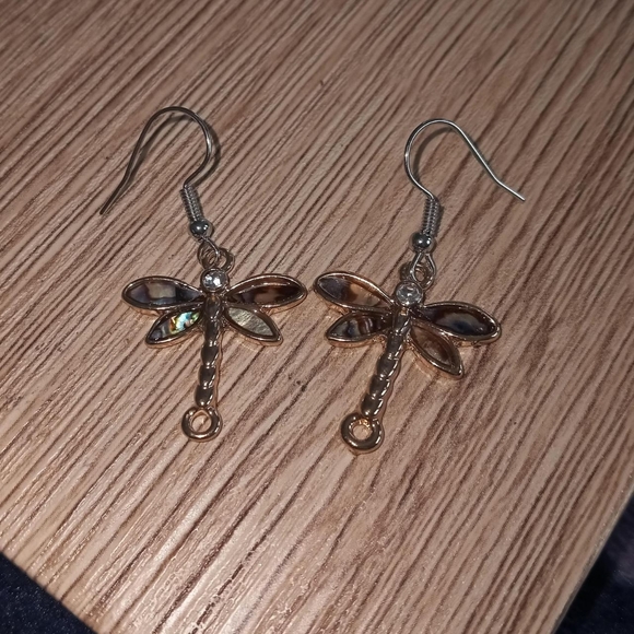 New abalone mother of pearl dragonfly drop statement earrings hand crafted - Picture 2 of 3